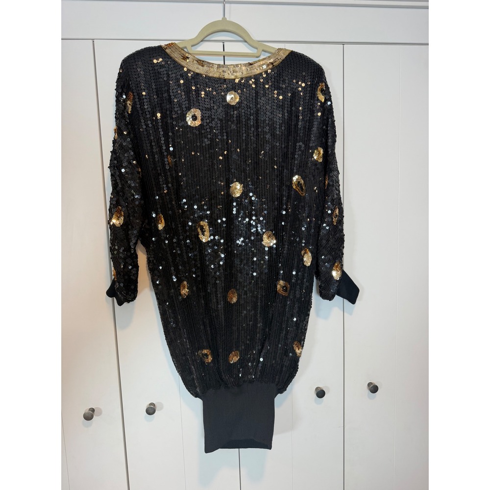 Rare Vintage 80s 100% Silk Sequin Tiger Mini Dress Black Gold Beaded Dolman Sz S - Picture 8 of 10